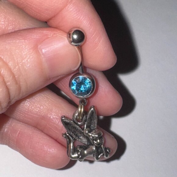 Tink Fairy with Aqua Blue gem, Fairy Design Dangle Belly Ring - Picture 12 of 15